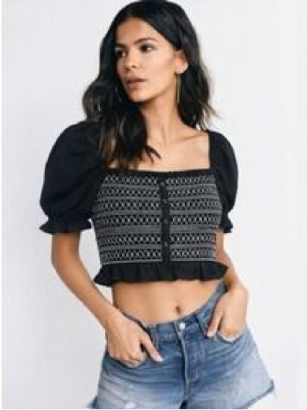 Francesca’s Black Puff-Sleeve Smocked Crop Top
